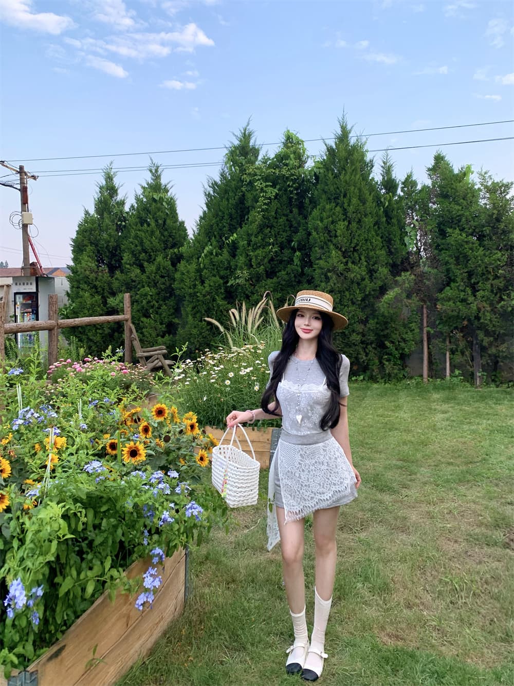 실사 여름 새로운 캐주얼 바람 레이스 반팔 맨위 반신 스커트 패션 투피스 세트 이미지 4