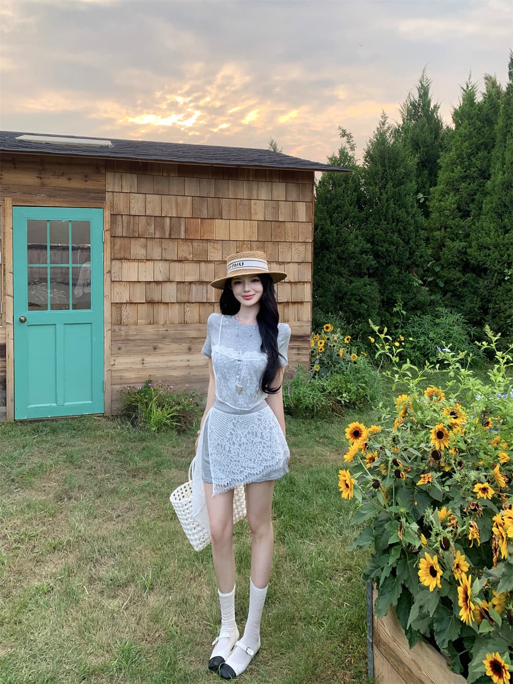 실사 여름 새로운 캐주얼 바람 레이스 반팔 맨위 반신 스커트 패션 투피스 세트 상세 이미지 11