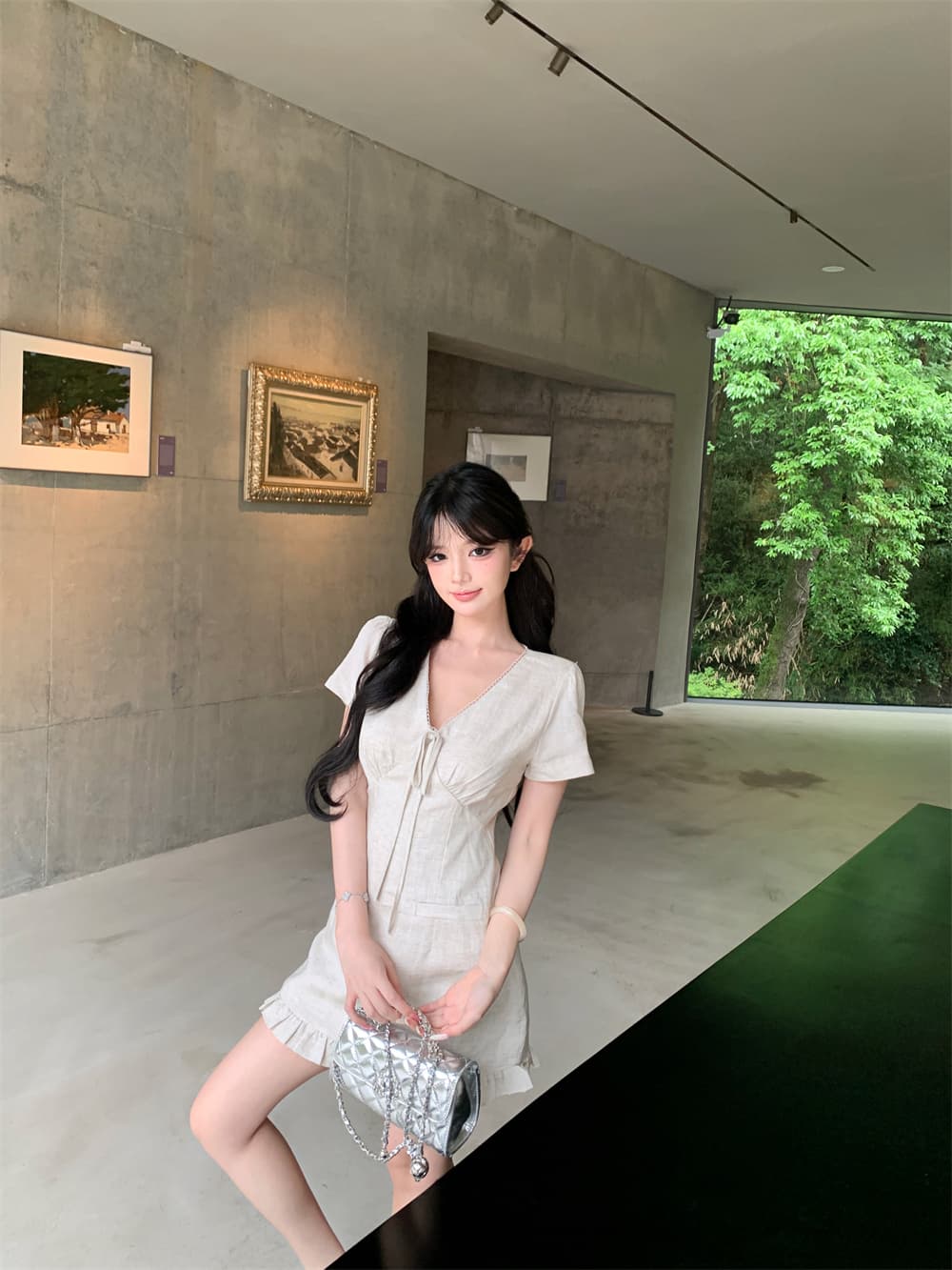 실사 여름 새로운 한 부서 외국 가스 다용도 슬림해 보이는 레이스업 디자인 센스 V넥 반팔 드레스 A라인 스커트 상세 이미지 2