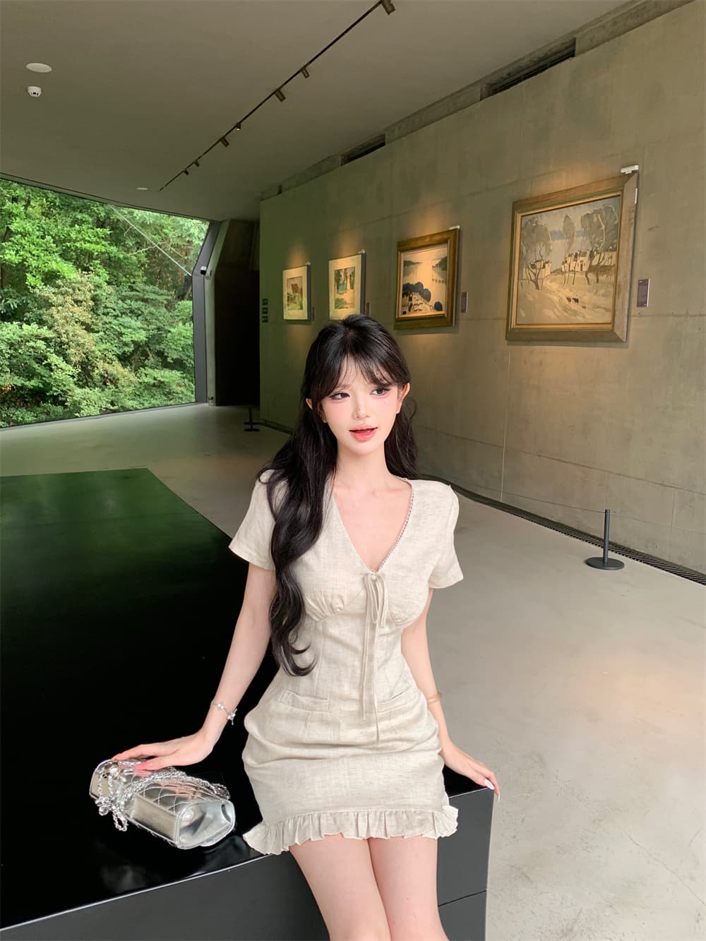 실사 여름 새로운 한 부서 외국 가스 다용도 슬림해 보이는 레이스업 디자인 센스 V넥 반팔 드레스 A라인 스커트 상세 이미지 5