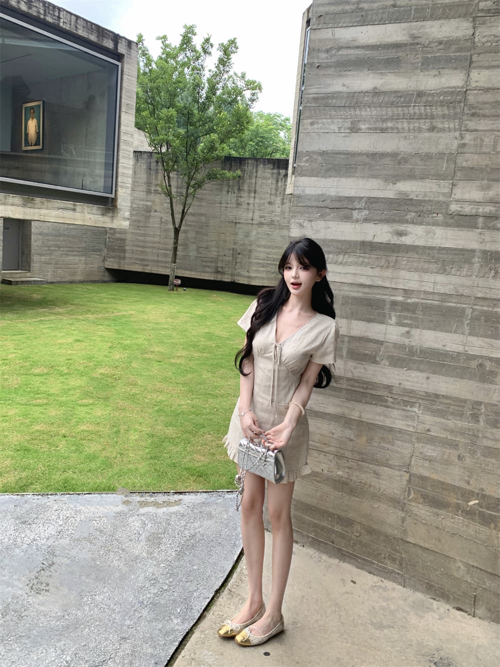 실사 여름 새로운 한 부서 외국 가스 다용도 슬림해 보이는 레이스업 디자인 센스 V넥 반팔 드레스 A라인 스커트 상세 이미지 8