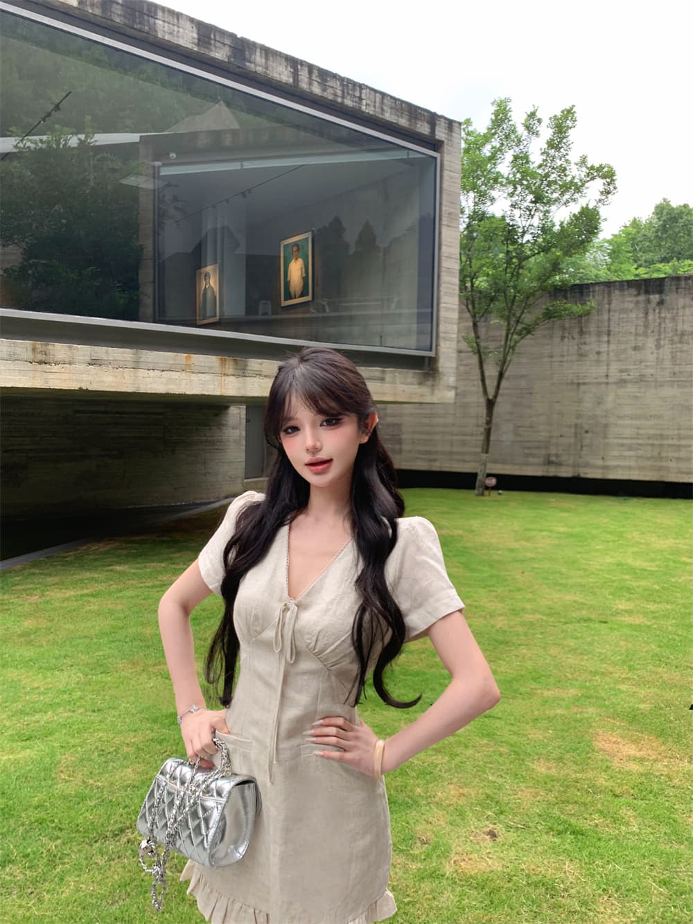 실사 여름 새로운 한 부서 외국 가스 다용도 슬림해 보이는 레이스업 디자인 센스 V넥 반팔 드레스 A라인 스커트 상세 이미지 12