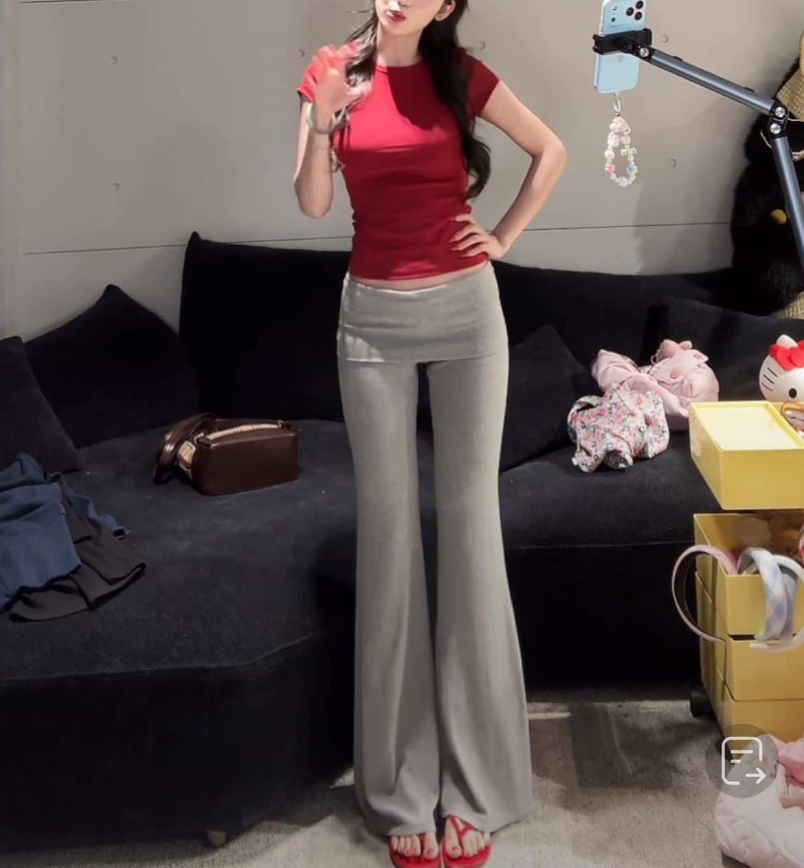 뒤집다 허리 바지 페이크 레이어드 표지 넓적 다리 랩스커트팬츠 부츠컷 몸매 가꾸기 슬림해 보이는 긴 바지 이미지 4