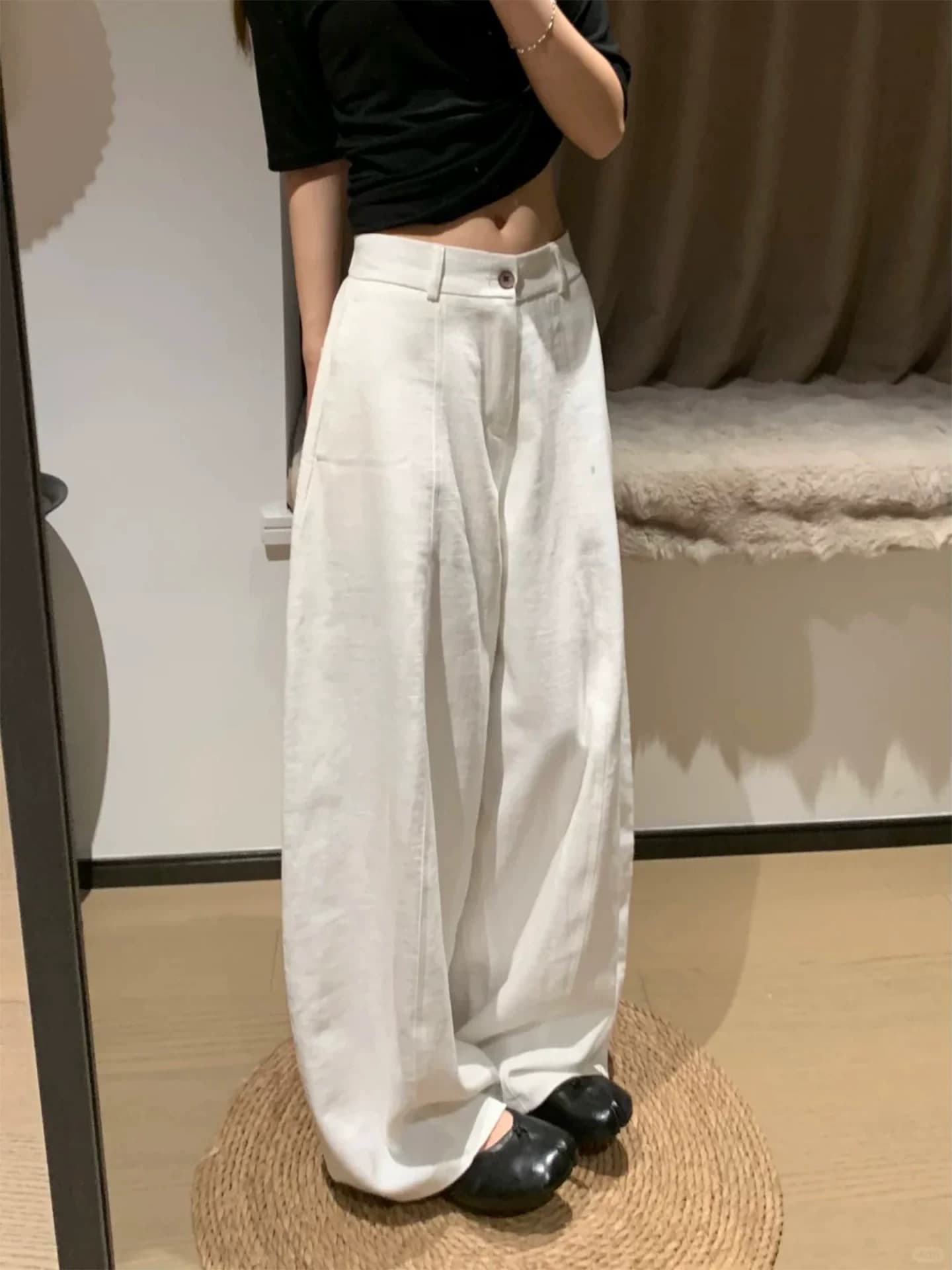 화이트 면 린넨 도루 센스 모통이 칼 바지 여성 빅 사이즈 지방 mm 봄 여름 하이웨이스트 루즈핏 캐주얼 느긋한 느슨함 센스 와이드 레그 팬츠 이미지 3