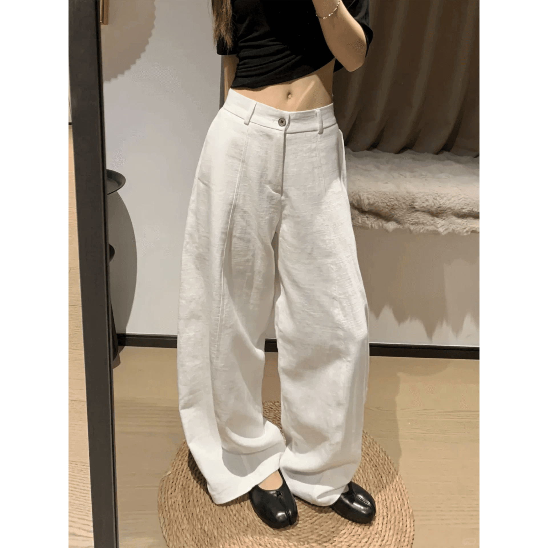 화이트 면 린넨 도루 센스 모통이 칼 바지 여성 빅 사이즈 지방 mm 봄 여름 하이웨이스트 루즈핏 캐주얼 느긋한 느슨함 센스 와이드 레그 팬츠 이미지 5