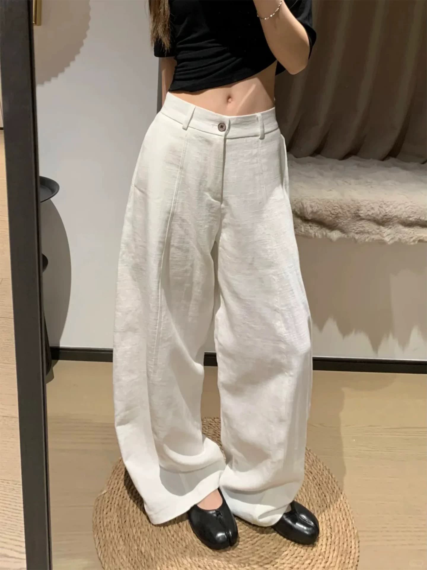 화이트 면 린넨 도루 센스 모통이 칼 바지 여성 빅 사이즈 지방 mm 봄 여름 하이웨이스트 루즈핏 캐주얼 느긋한 느슨함 센스 와이드 레그 팬츠 상세 이미지 5
