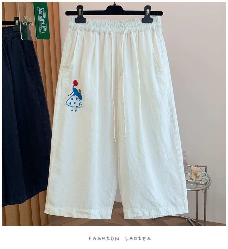 7839# 여름 루즈핏 빅 사이즈 펌프 로프 허리밴드 만화 자수 워시 물 면 캐주얼 바지 하렘 바지 와이드 레깅스 바지 상세 이미지 20