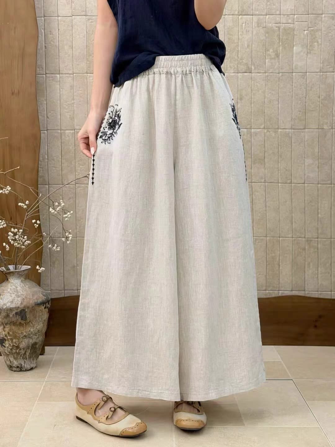 2026 여름 다용도 루즈핏 여성 의류 주머니 자수 아마 9부 바지 와이드 레그 팬츠 캐주얼 바지 스트레이트 팬츠 이미지 3