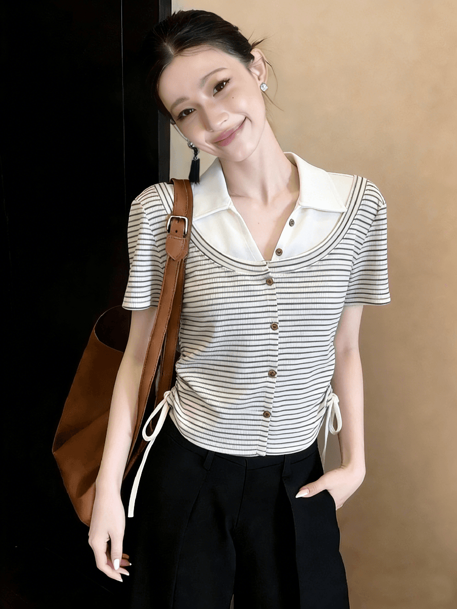 부드러운 POLO 칼라 페이크 레이어드 반팔 스트라이프 니트 스웨터 여성 여름 달콤함 몸매 가꾸기 펌프 로프 레이스업 맨위 이미지 2