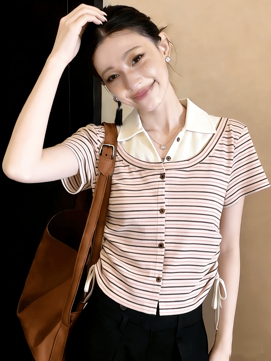 부드러운 POLO 칼라 페이크 레이어드 반팔 스트라이프 니트 스웨터 여성 여름 달콤함 몸매 가꾸기 펌프 로프 레이스업 맨위 상세 이미지 4
