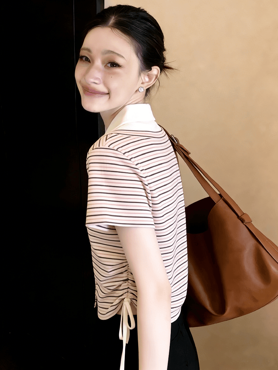 부드러운 POLO 칼라 페이크 레이어드 반팔 스트라이프 니트 스웨터 여성 여름 달콤함 몸매 가꾸기 펌프 로프 레이스업 맨위 상세 이미지 6