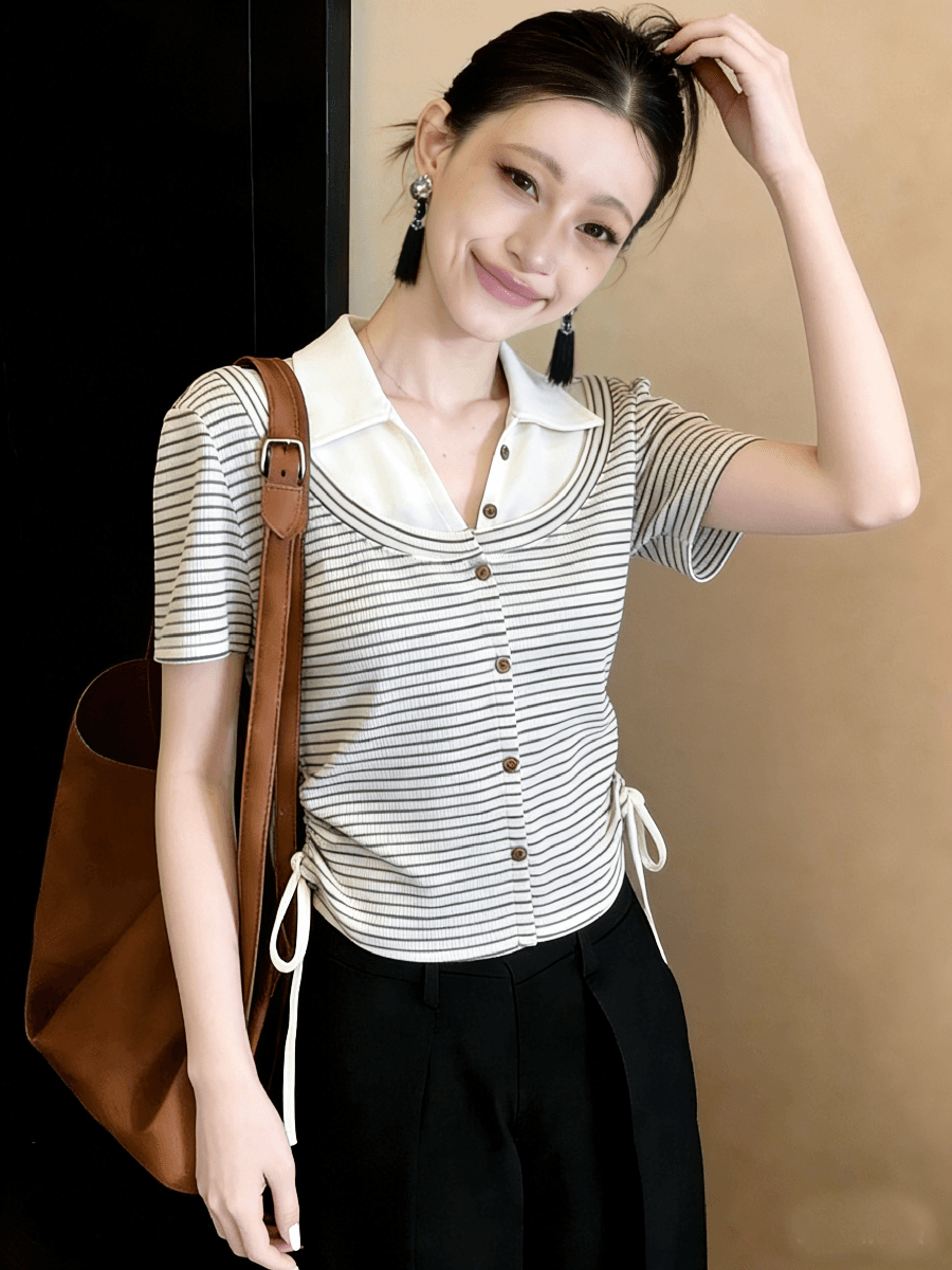 부드러운 POLO 칼라 페이크 레이어드 반팔 스트라이프 니트 스웨터 여성 여름 달콤함 몸매 가꾸기 펌프 로프 레이스업 맨위 상세 이미지 7