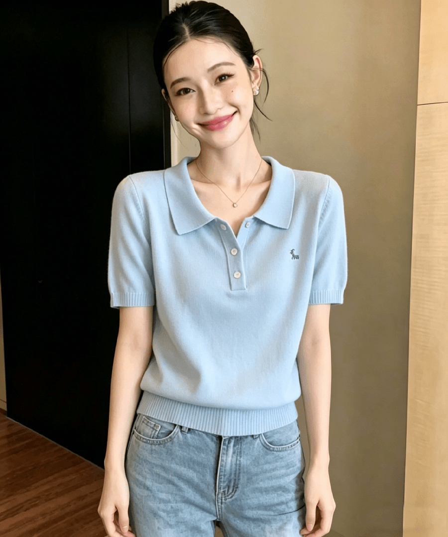 학원 스타일 품격 POLO 칼라 파란색 반팔 티셔츠 여성 의류 2026 여름 새로운 핫걸 다용도 몸매 가꾸기 맨위 이미지 2