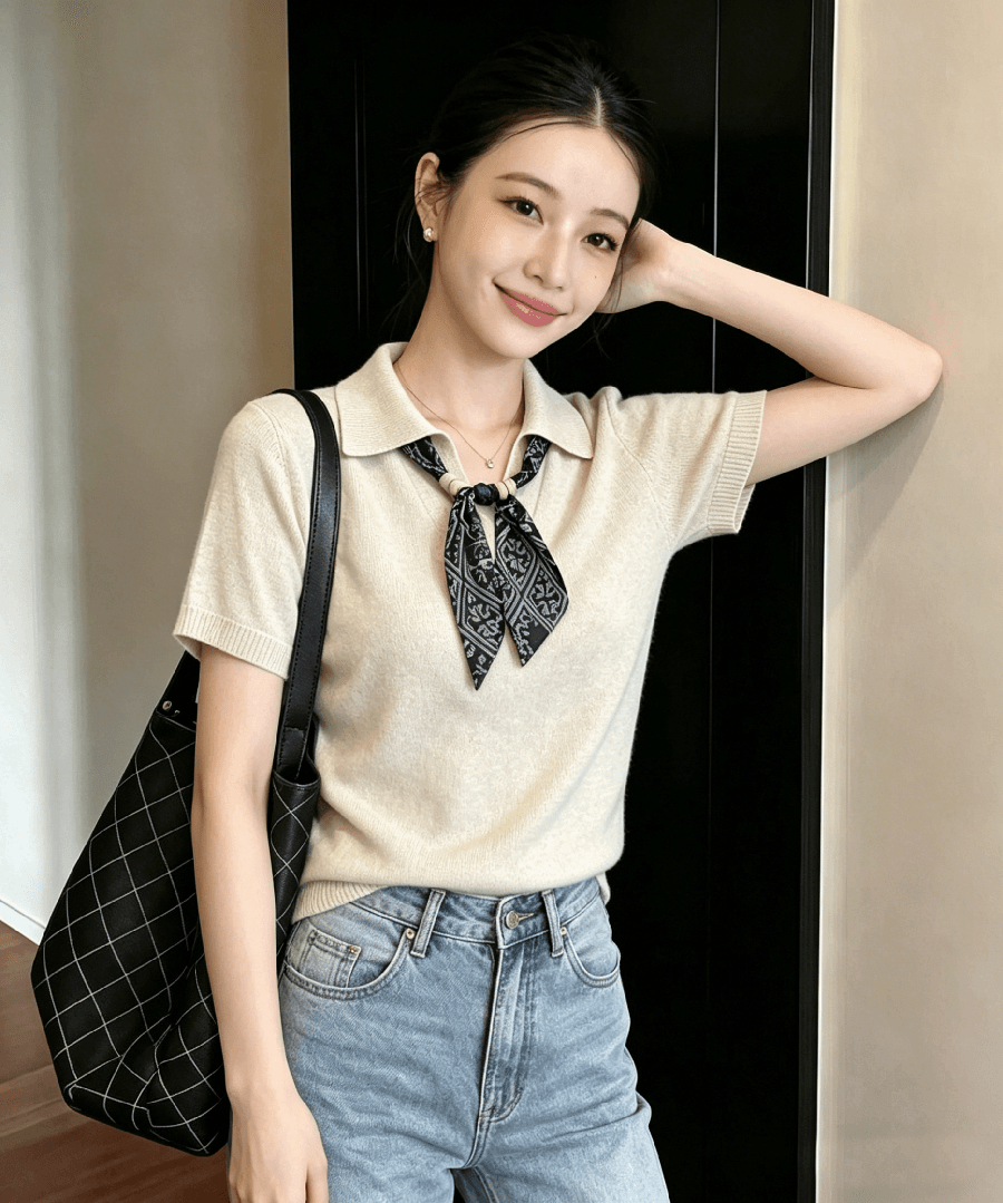 오래된 돈 바람 품격 POLO 칼라 반팔 맨위 여성 여름 새로운 디자인 센스 몸매 가꾸기 슬림해 보이는 얼음 실크 니트 스웨터 이미지 3