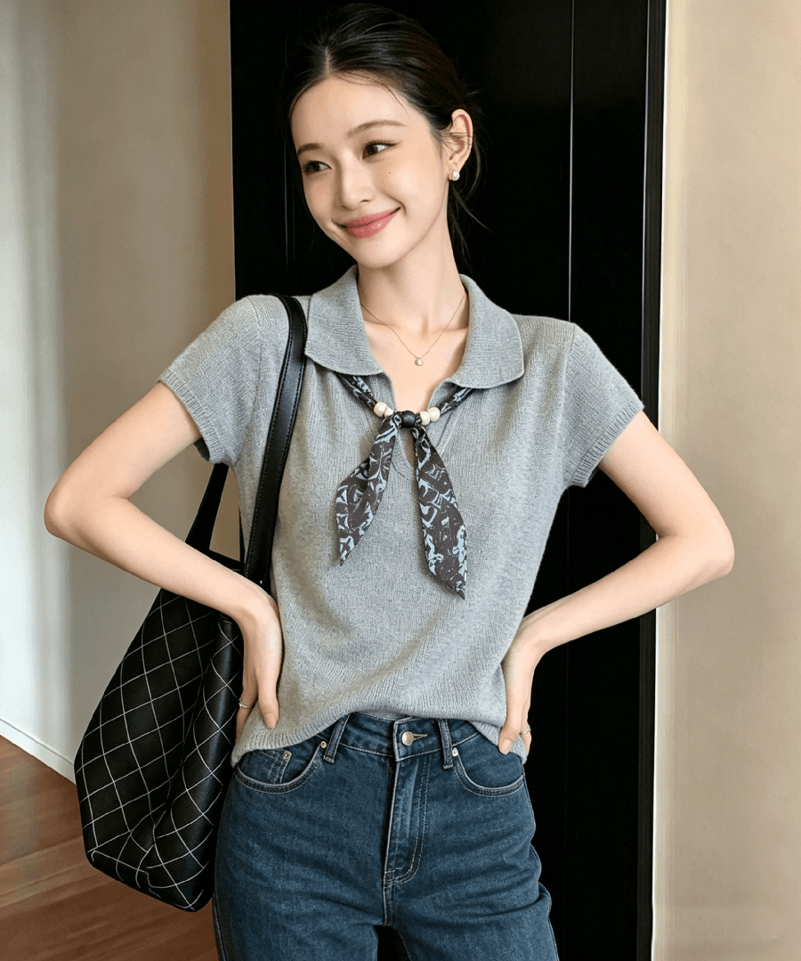 오래된 돈 바람 품격 POLO 칼라 반팔 맨위 여성 여름 새로운 디자인 센스 몸매 가꾸기 슬림해 보이는 얼음 실크 니트 스웨터 이미지 4