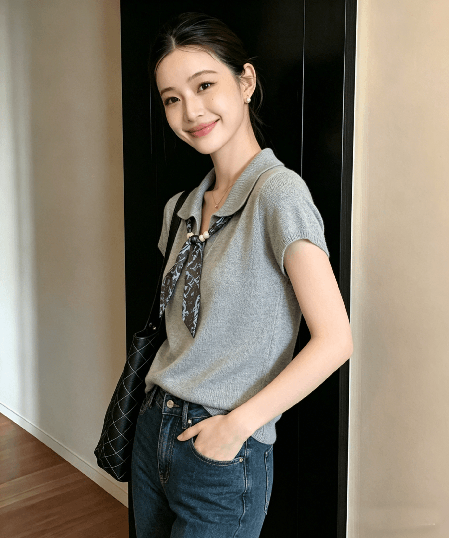 오래된 돈 바람 품격 POLO 칼라 반팔 맨위 여성 여름 새로운 디자인 센스 몸매 가꾸기 슬림해 보이는 얼음 실크 니트 스웨터 상세 이미지 3