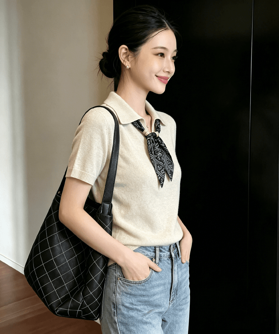 오래된 돈 바람 품격 POLO 칼라 반팔 맨위 여성 여름 새로운 디자인 센스 몸매 가꾸기 슬림해 보이는 얼음 실크 니트 스웨터 상세 이미지 5