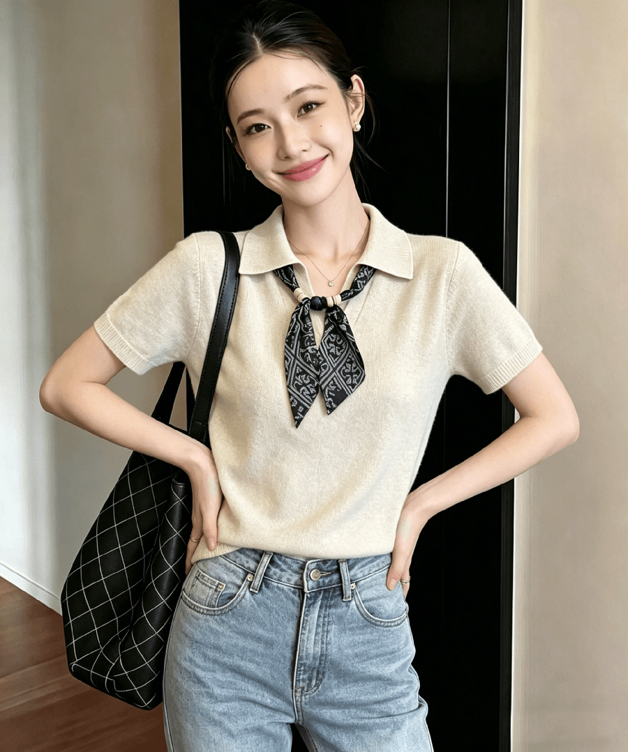 오래된 돈 바람 품격 POLO 칼라 반팔 맨위 여성 여름 새로운 디자인 센스 몸매 가꾸기 슬림해 보이는 얼음 실크 니트 스웨터 상세 이미지 7