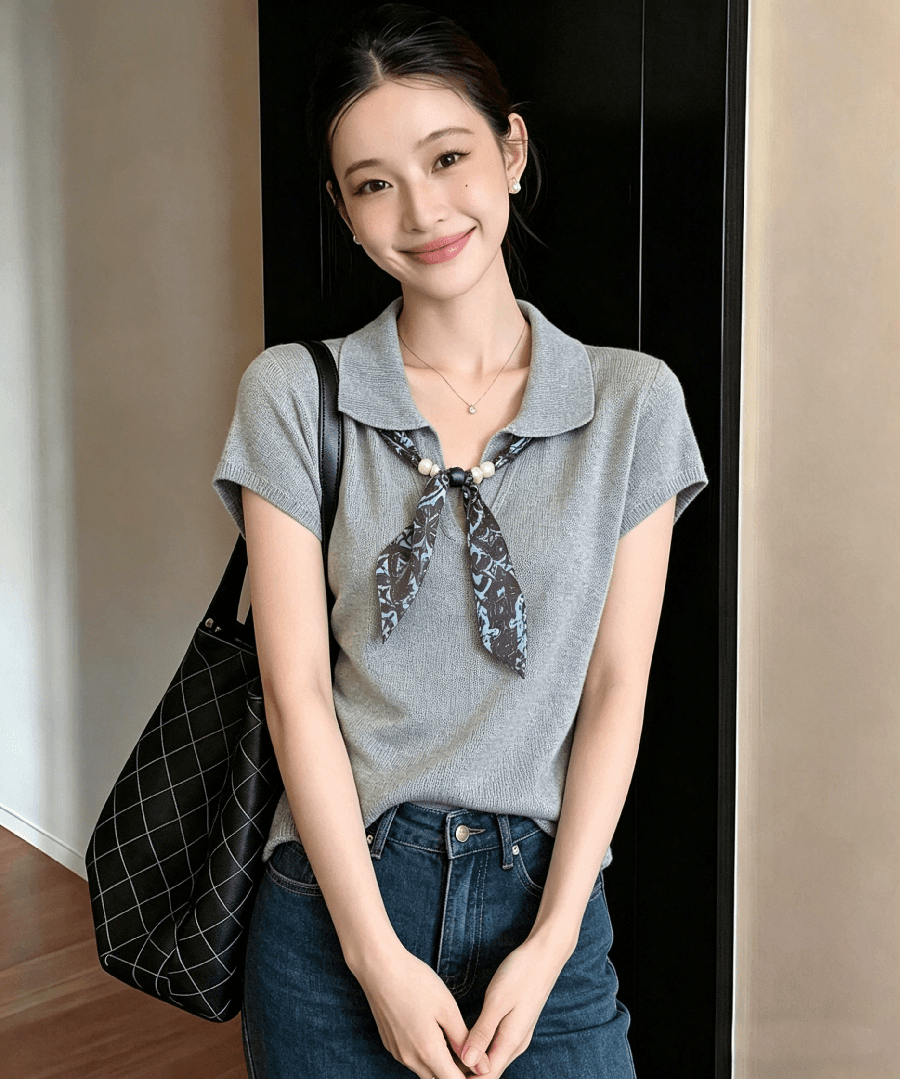오래된 돈 바람 품격 POLO 칼라 반팔 맨위 여성 여름 새로운 디자인 센스 몸매 가꾸기 슬림해 보이는 얼음 실크 니트 스웨터 상세 이미지 8