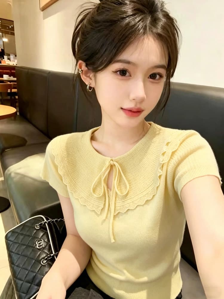 2026 여름 새로운 얼음 실크 티셔츠 베이비 칼라 반팔 니트 스웨터 미니멀리즘 다용도 맨위 얇은 스타일 상세 이미지 1