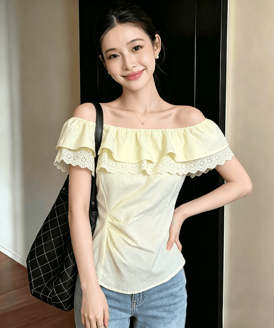 2026 여름 새로운 프랑스식 레트로 오프숄더 프릴 반팔 여성 셔츠 달콤함 맨위 트렌디 상세 이미지 4