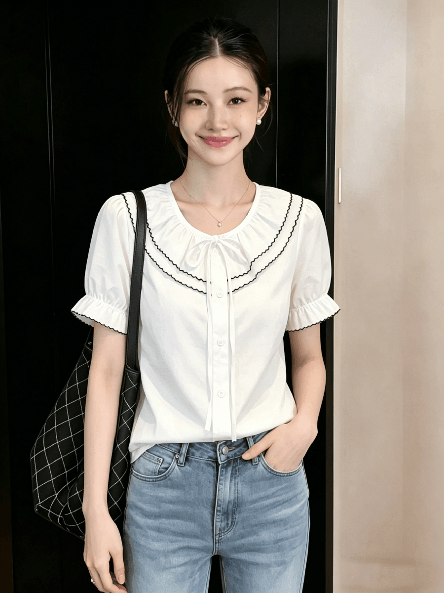 순면 파란색 베이비 칼라 셔츠 여자 2026 새로운 반팔 여름 슈퍼 잘 생긴 ~ 중 프랑스식 맨위 상세 이미지 7
