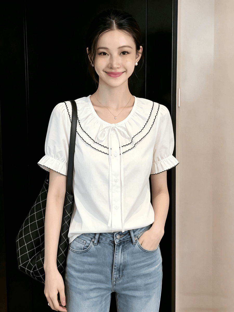 순면 파란색 베이비 칼라 셔츠 여자 2026 새로운 반팔 여름 슈퍼 잘 생긴 ~ 중 프랑스식 맨위 상세 이미지 8