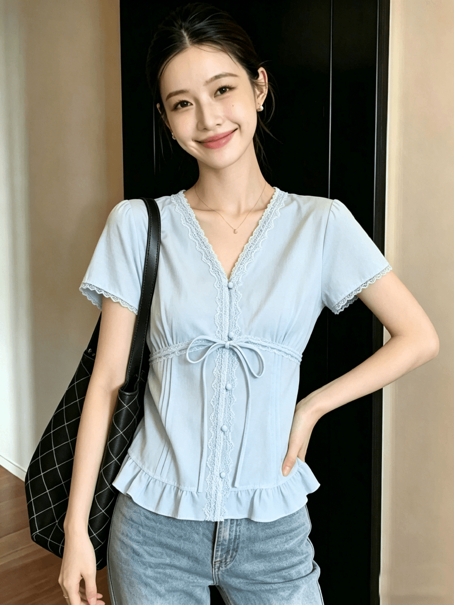 순수한 욕망 바람 레이스 레이스 V넥 여성 셔츠 여름 디자인 센스 프릴 작은 셔츠 프랑스식 사소한 아름다운 맨위 이미지 2