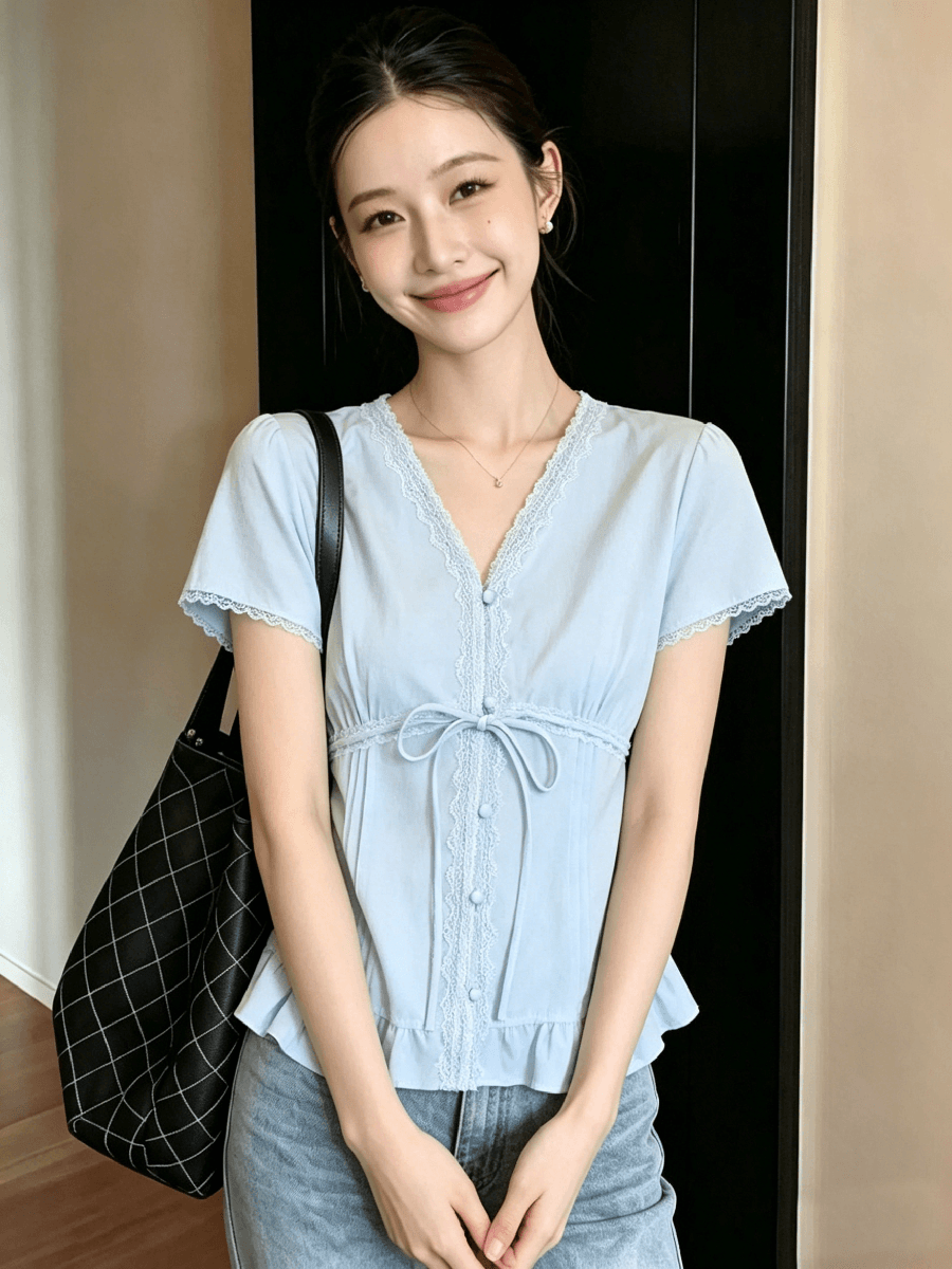 순수한 욕망 바람 레이스 레이스 V넥 여성 셔츠 여름 디자인 센스 프릴 작은 셔츠 프랑스식 사소한 아름다운 맨위