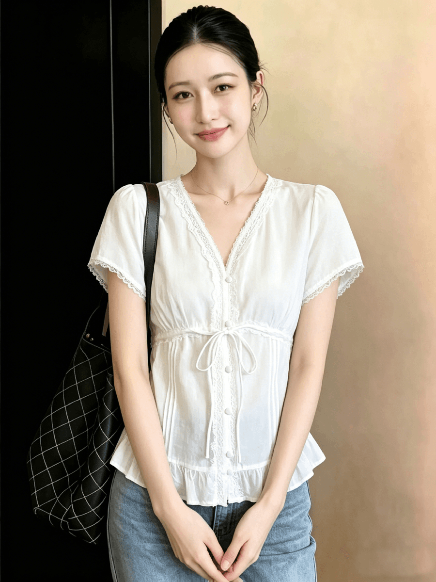 순수한 욕망 바람 레이스 레이스 V넥 여성 셔츠 여름 디자인 센스 프릴 작은 셔츠 프랑스식 사소한 아름다운 맨위 이미지 3
