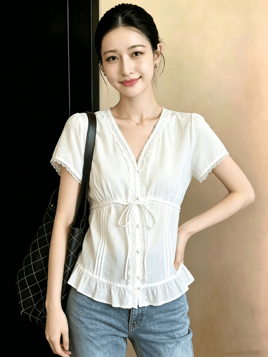 순수한 욕망 바람 레이스 레이스 V넥 여성 셔츠 여름 디자인 센스 프릴 작은 셔츠 프랑스식 사소한 아름다운 맨위 상세 이미지 3