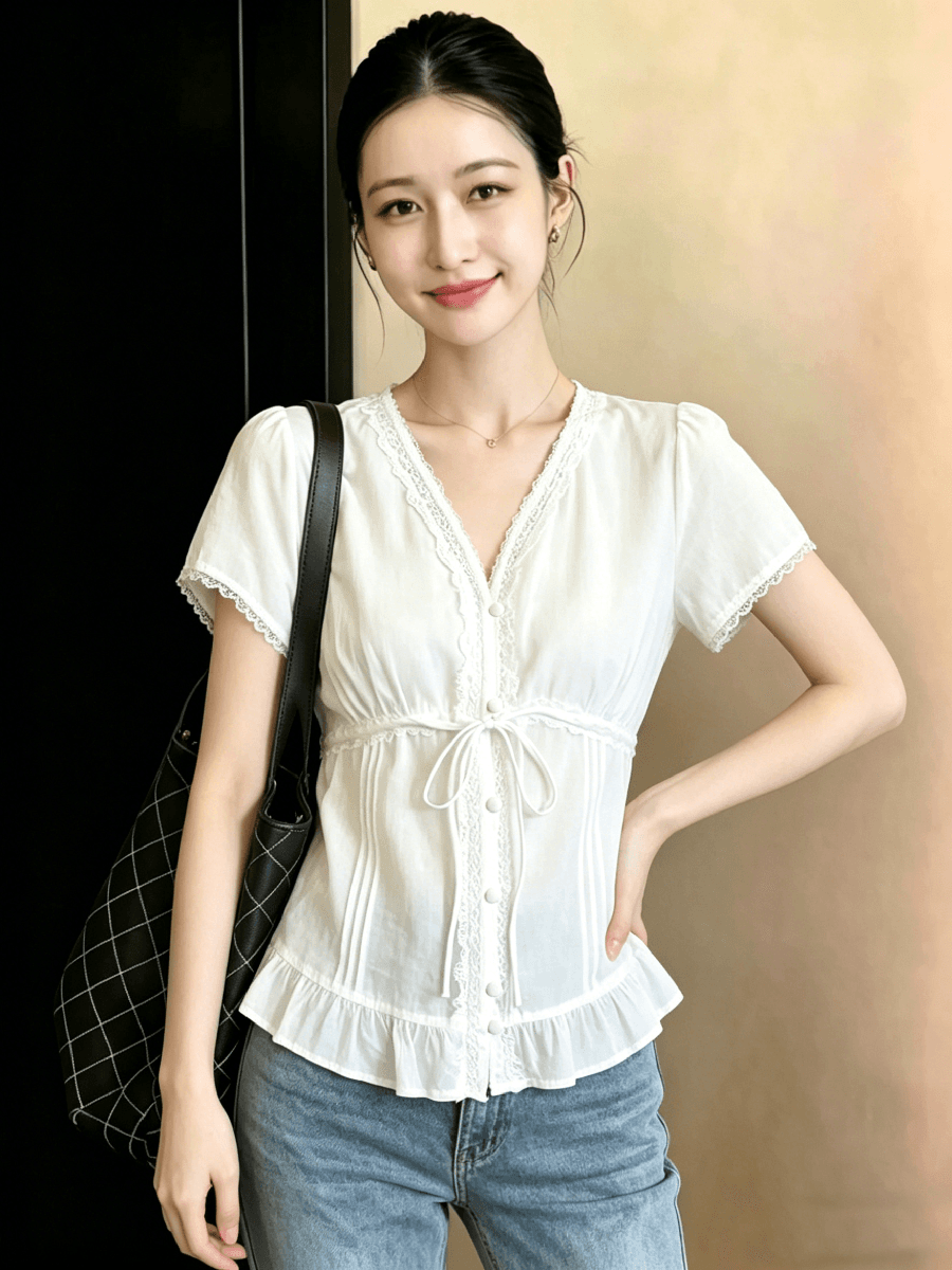 순수한 욕망 바람 레이스 레이스 V넥 여성 셔츠 여름 디자인 센스 프릴 작은 셔츠 프랑스식 사소한 아름다운 맨위 상세 이미지 4
