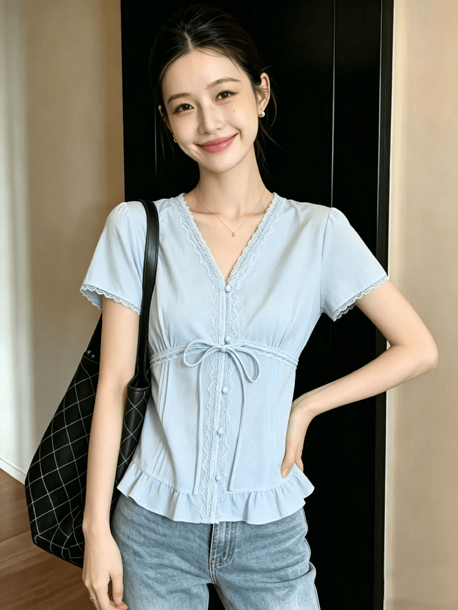 순수한 욕망 바람 레이스 레이스 V넥 여성 셔츠 여름 디자인 센스 프릴 작은 셔츠 프랑스식 사소한 아름다운 맨위 상세 이미지 6