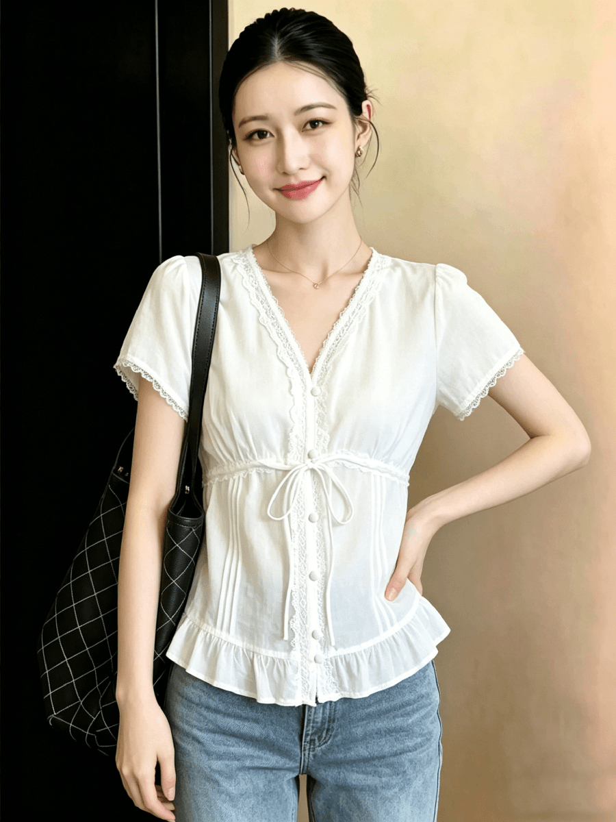 순수한 욕망 바람 레이스 레이스 V넥 여성 셔츠 여름 디자인 센스 프릴 작은 셔츠 프랑스식 사소한 아름다운 맨위 상세 이미지 7