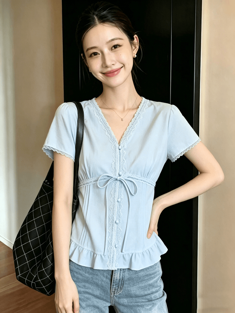 순수한 욕망 바람 레이스 레이스 V넥 여성 셔츠 여름 디자인 센스 프릴 작은 셔츠 프랑스식 사소한 아름다운 맨위 상세 이미지 8