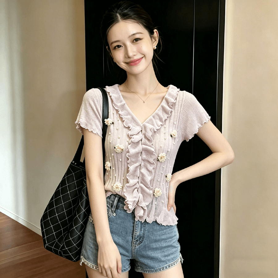 달콤한 스타일 무거운 작업 비즈 박기 3 차원 꽃 프릴 V넥 니트 스웨터 얼음 실크 맨위 여성 여름 새로운 작은 셔츠 이미지 4