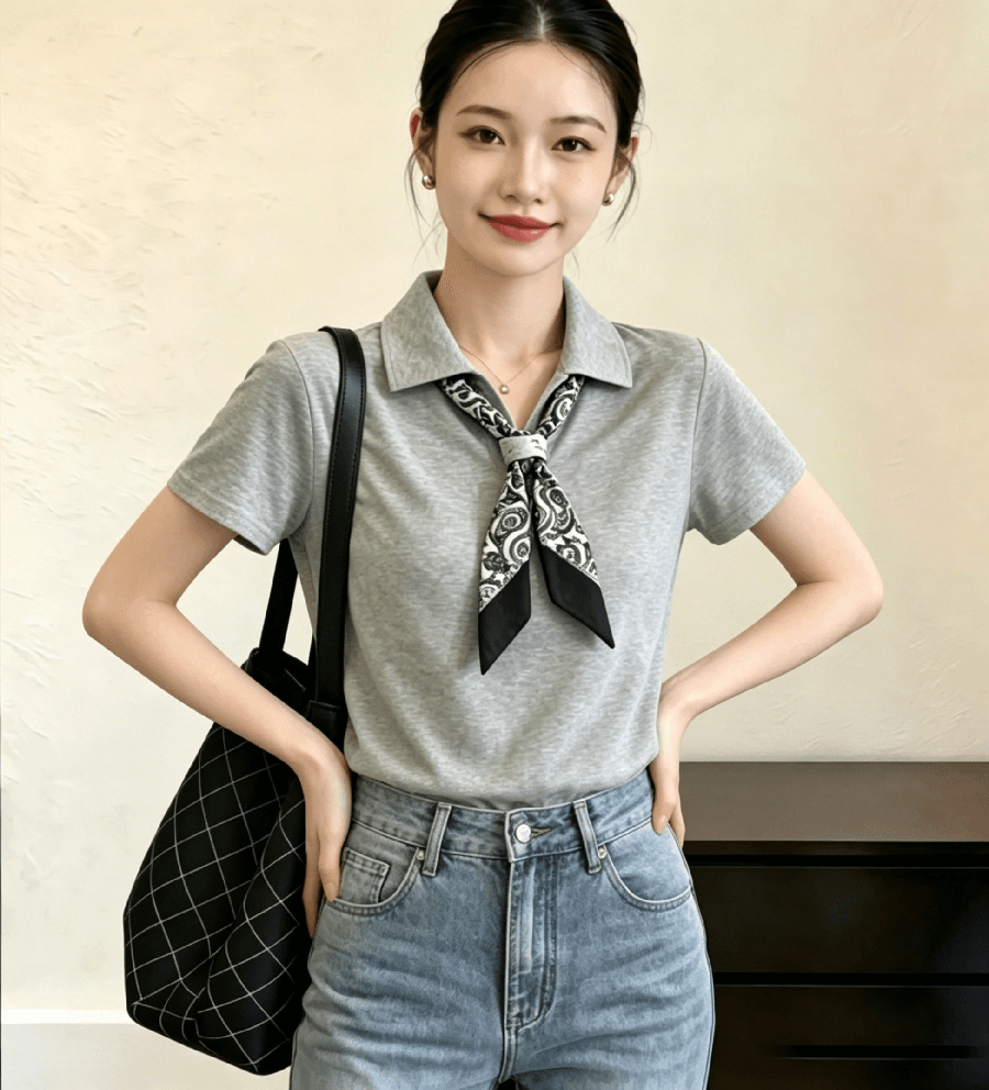 26 여름 새로운 디자인 센스 작은 대중 경기 스카프 나비 넥타이 루즈핏 폴로 칼라 대나무 마디 마 니트 스웨터 반팔 의류 여성 이미지 4
