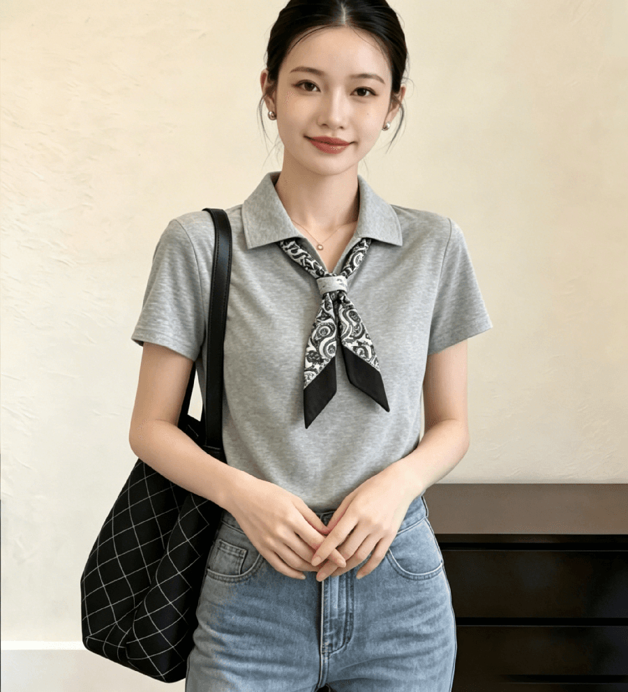 26 여름 새로운 디자인 센스 작은 대중 경기 스카프 나비 넥타이 루즈핏 폴로 칼라 대나무 마디 마 니트 스웨터 반팔 의류 여성