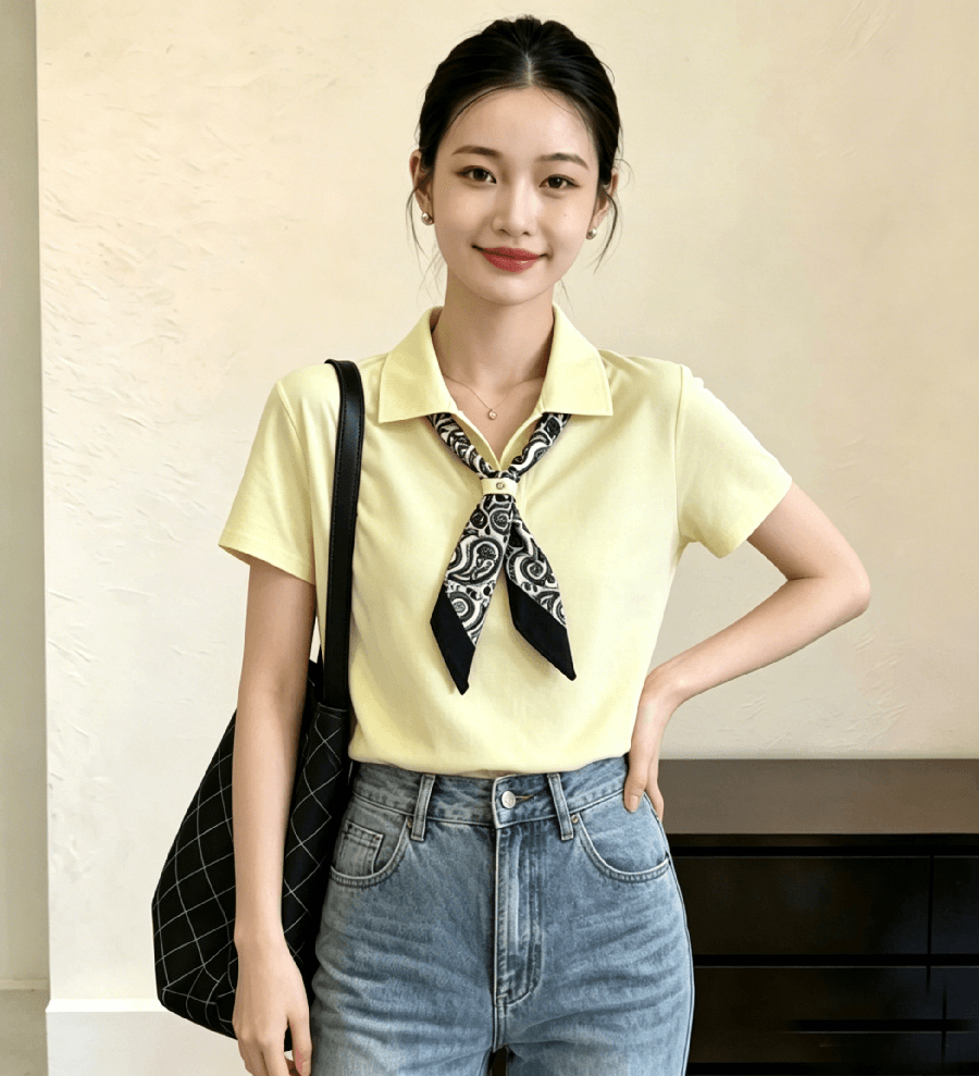 26 여름 새로운 디자인 센스 작은 대중 경기 스카프 나비 넥타이 루즈핏 폴로 칼라 대나무 마디 마 니트 스웨터 반팔 의류 여성 이미지 3