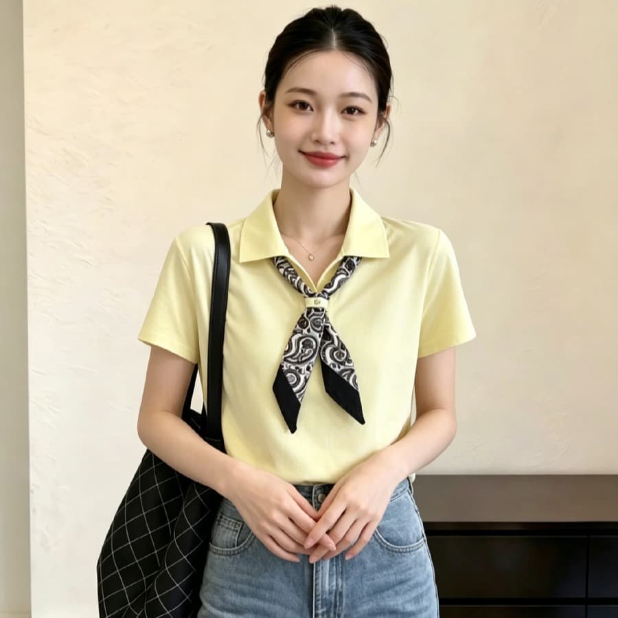 26 여름 새로운 디자인 센스 작은 대중 경기 스카프 나비 넥타이 루즈핏 폴로 칼라 대나무 마디 마 니트 스웨터 반팔 의류 여성 이미지 5