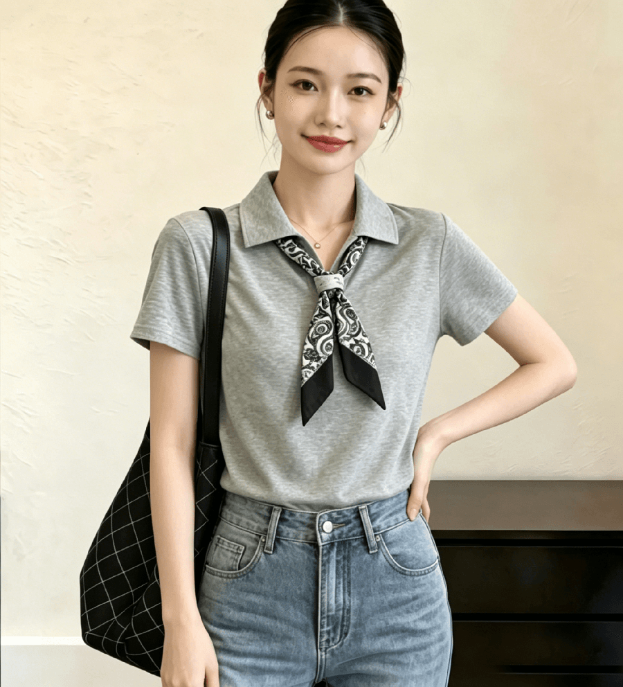 26 여름 새로운 디자인 센스 작은 대중 경기 스카프 나비 넥타이 루즈핏 폴로 칼라 대나무 마디 마 니트 스웨터 반팔 의류 여성 상세 이미지 2