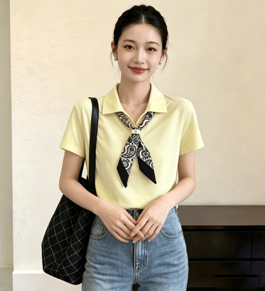 26 여름 새로운 디자인 센스 작은 대중 경기 스카프 나비 넥타이 루즈핏 폴로 칼라 대나무 마디 마 니트 스웨터 반팔 의류 여성 상세 이미지 3