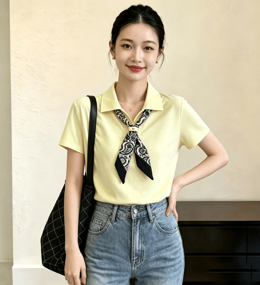 26 여름 새로운 디자인 센스 작은 대중 경기 스카프 나비 넥타이 루즈핏 폴로 칼라 대나무 마디 마 니트 스웨터 반팔 의류 여성 상세 이미지 4