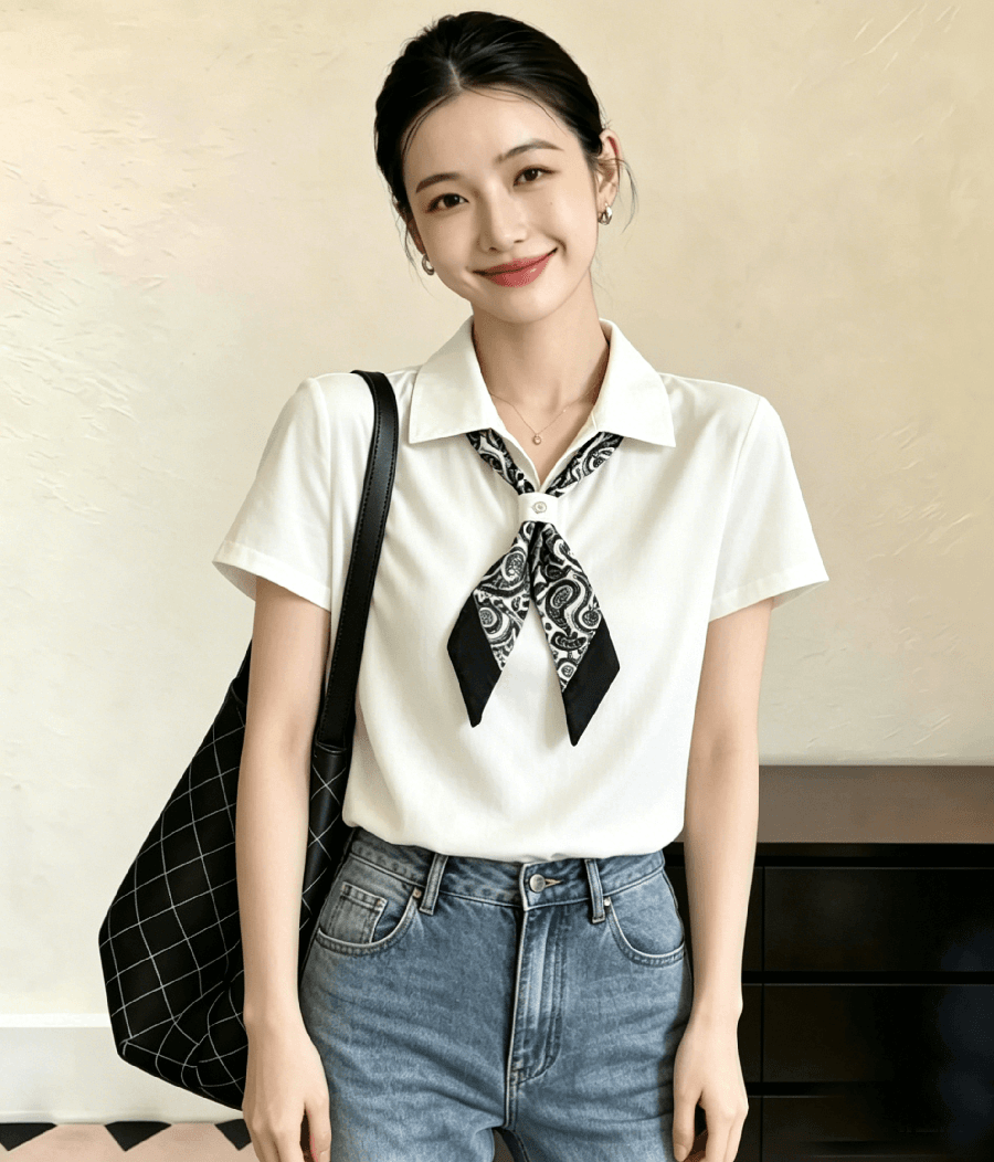 26 여름 새로운 디자인 센스 작은 대중 경기 스카프 나비 넥타이 루즈핏 폴로 칼라 대나무 마디 마 니트 스웨터 반팔 의류 여성 상세 이미지 7