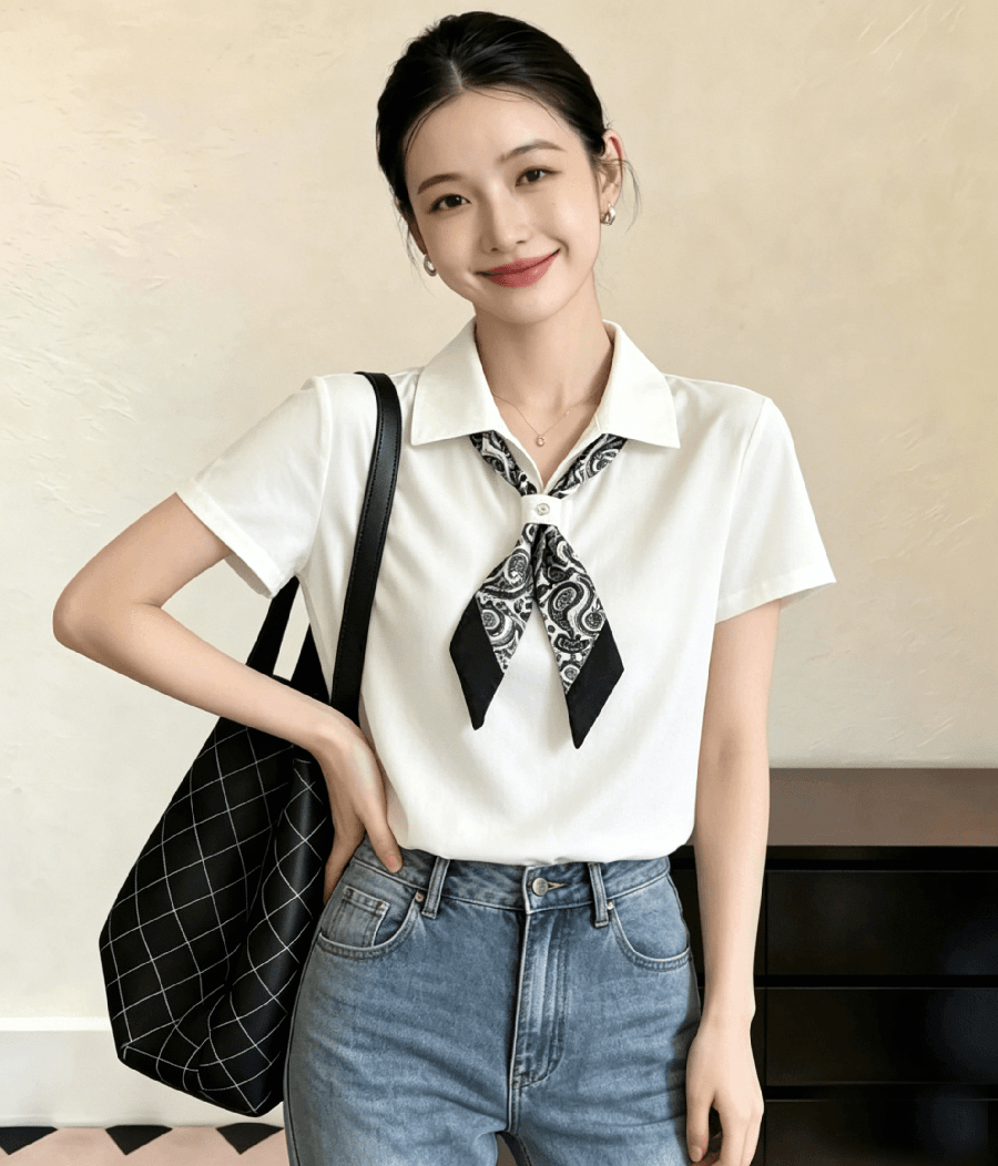 26 여름 새로운 디자인 센스 작은 대중 경기 스카프 나비 넥타이 루즈핏 폴로 칼라 대나무 마디 마 니트 스웨터 반팔 의류 여성 상세 이미지 9