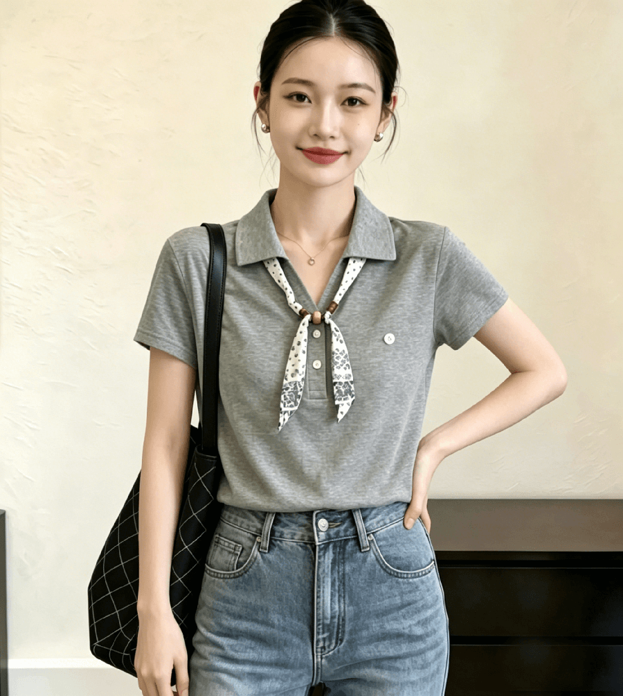 26 여름 새로운 디자인 센스 작은 대중 경기 스카프 나비 넥타이 루즈핏 폴로 칼라 니트 스웨터 반팔 의류 여성 이미지 3