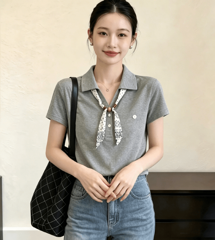 26 여름 새로운 디자인 센스 작은 대중 경기 스카프 나비 넥타이 루즈핏 폴로 칼라 니트 스웨터 반팔 의류 여성 상세 이미지 2