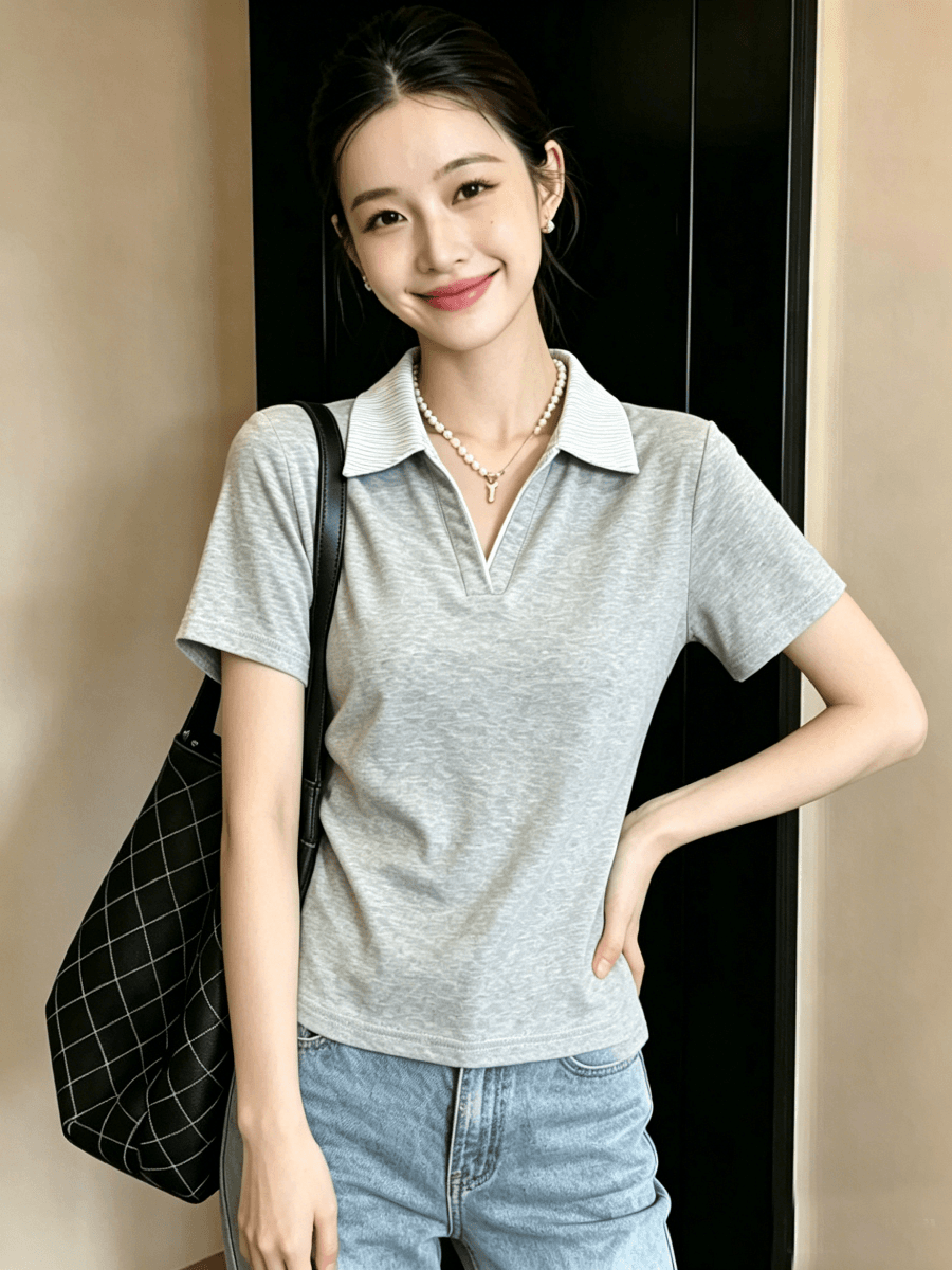 2026 여름 새로운 배색 가위 V넥 긍정적 인 어깨 반팔 풀오버 맨위 티셔츠 이미지 3