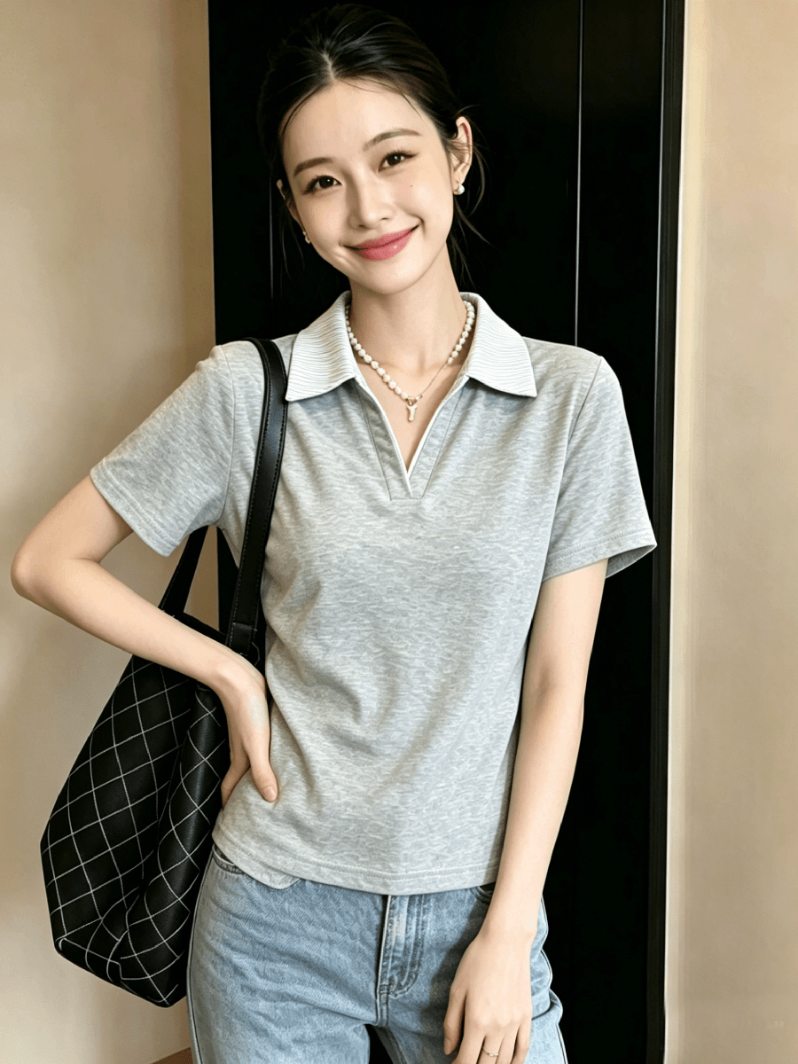 2026 여름 새로운 배색 가위 V넥 긍정적 인 어깨 반팔 풀오버 맨위 티셔츠 상세 이미지 4