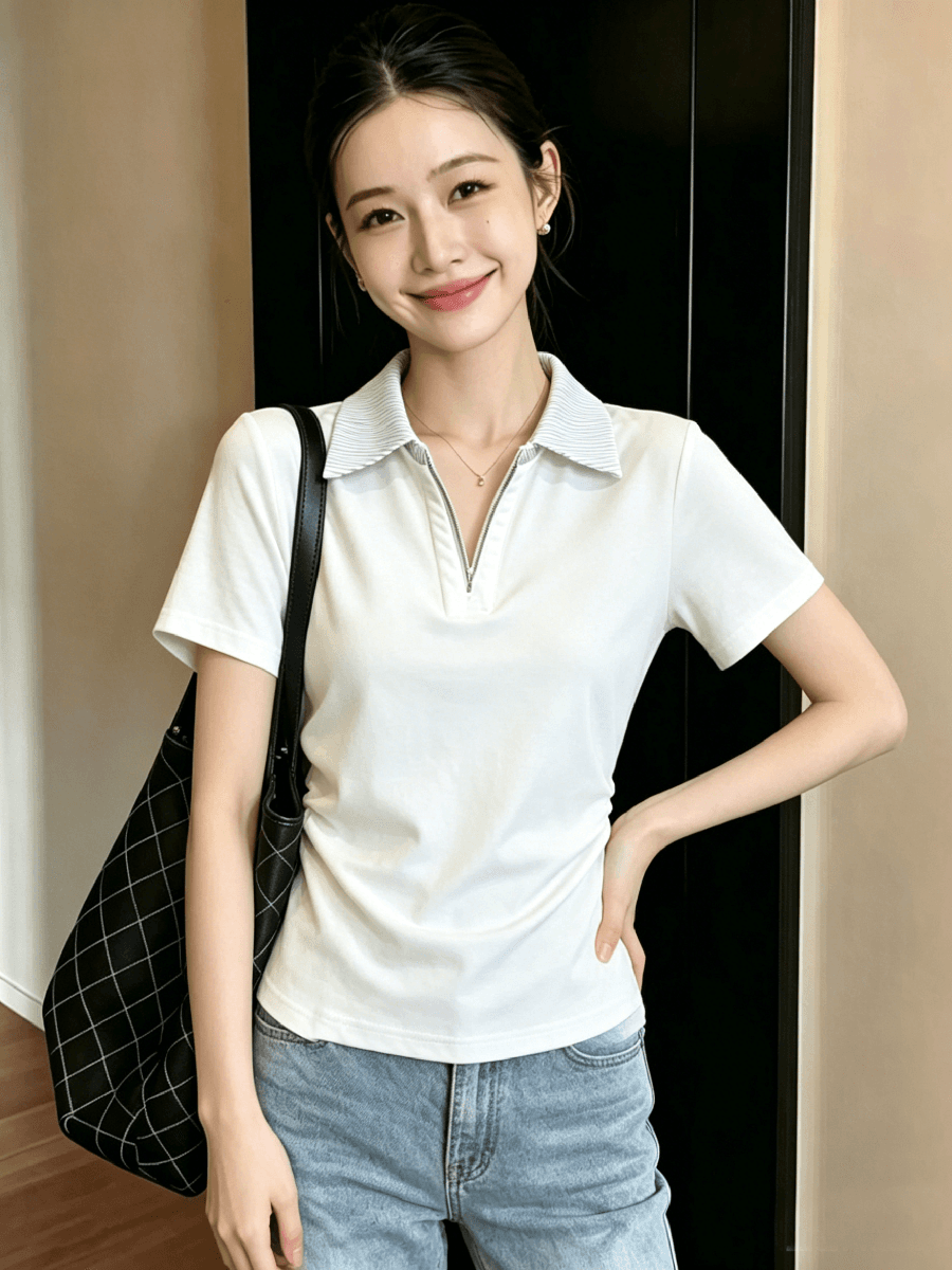 2026 여름 새로운 배색 가위 V넥 긍정적 인 어깨 반팔 풀오버 맨위 티셔츠 상세 이미지 6
